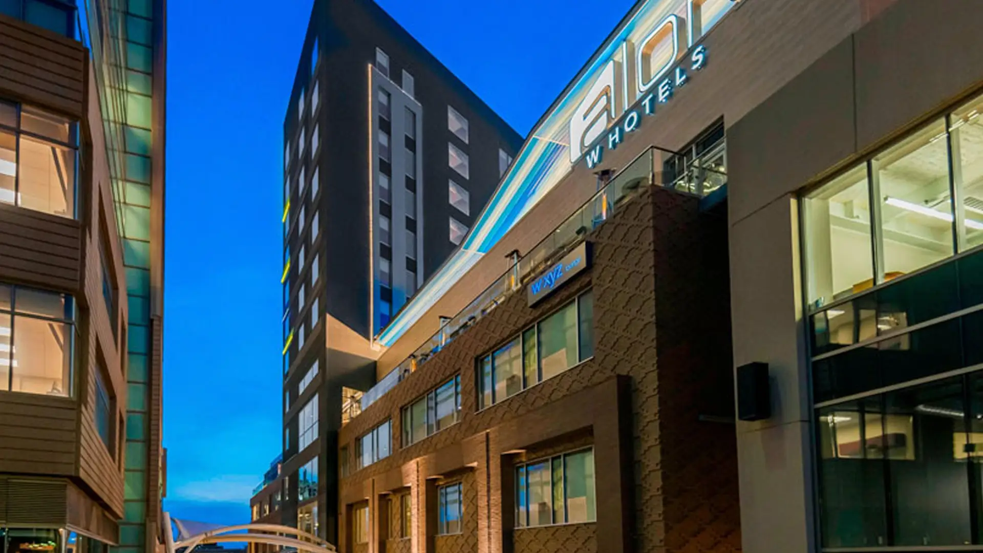 Aloft hotel in downtown Greenville at dusk