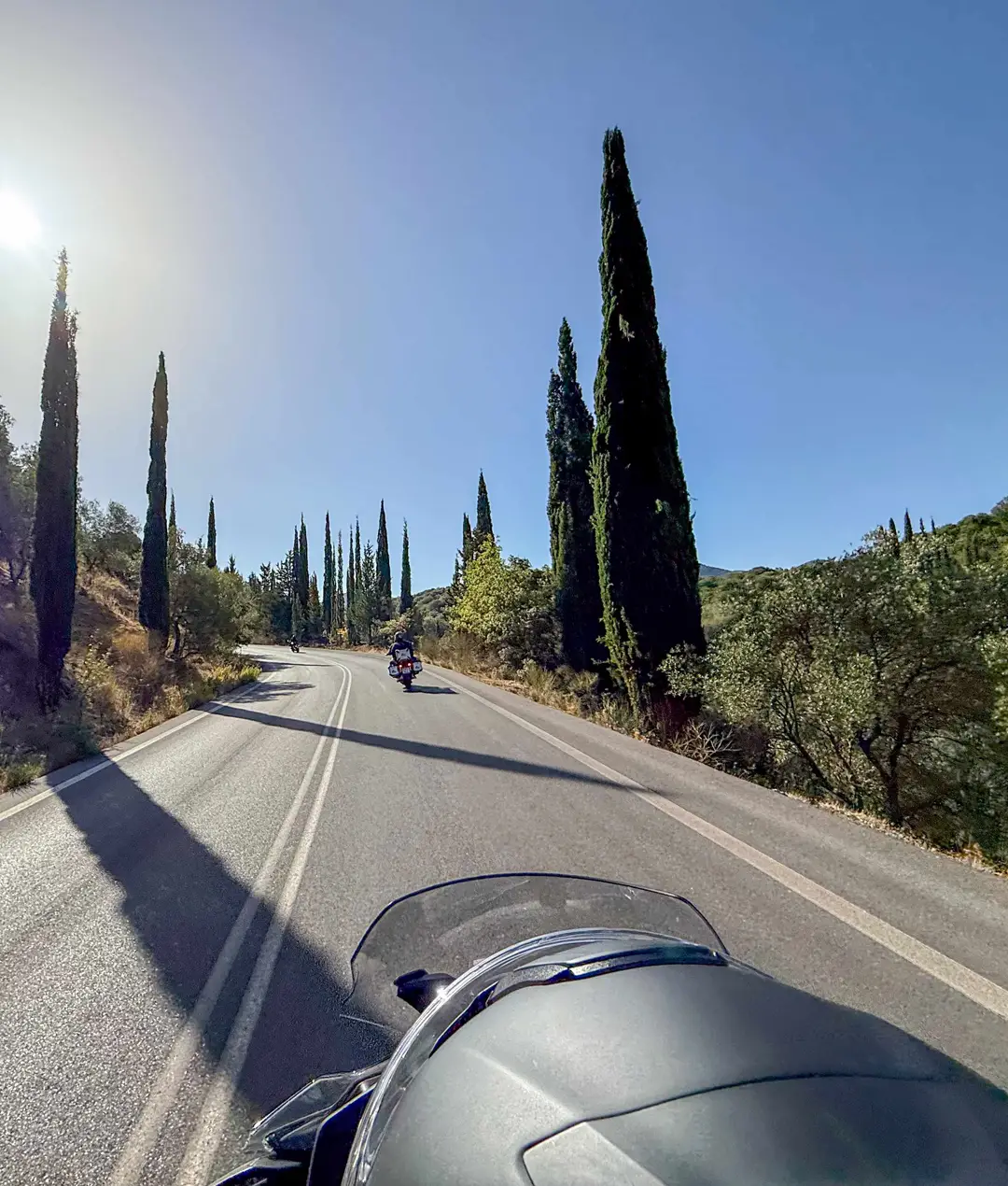 Rider's view over the windscreen following another motorcycle along a cypress-lined road