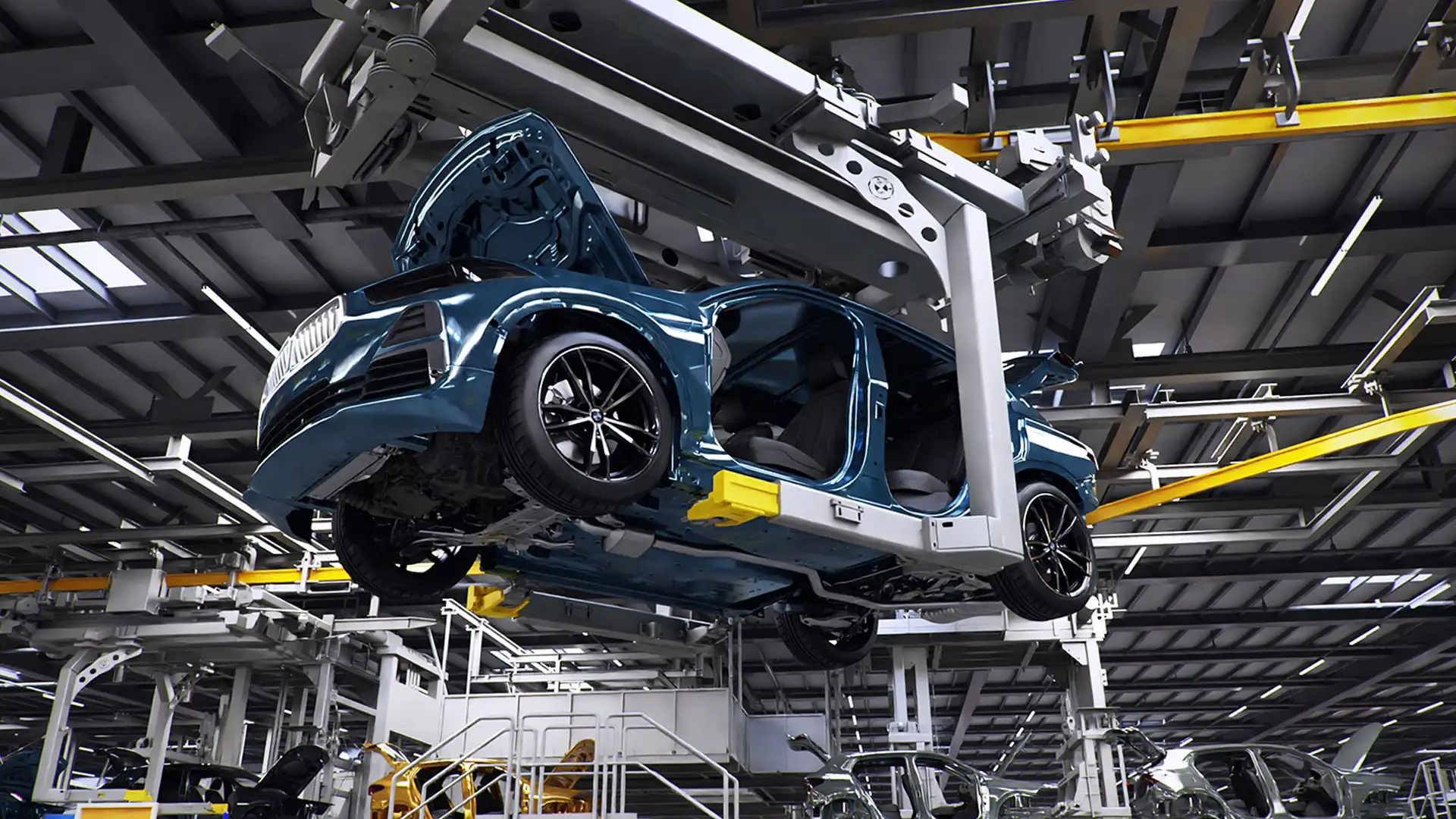 BMW body shell on an overhead conveyor at the Spartanburg plant