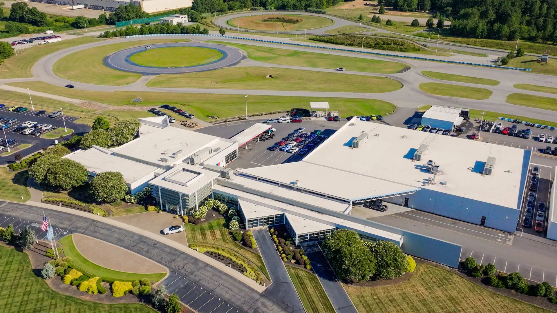 Aerial view of the BMW Performance Center campus and its skid pad