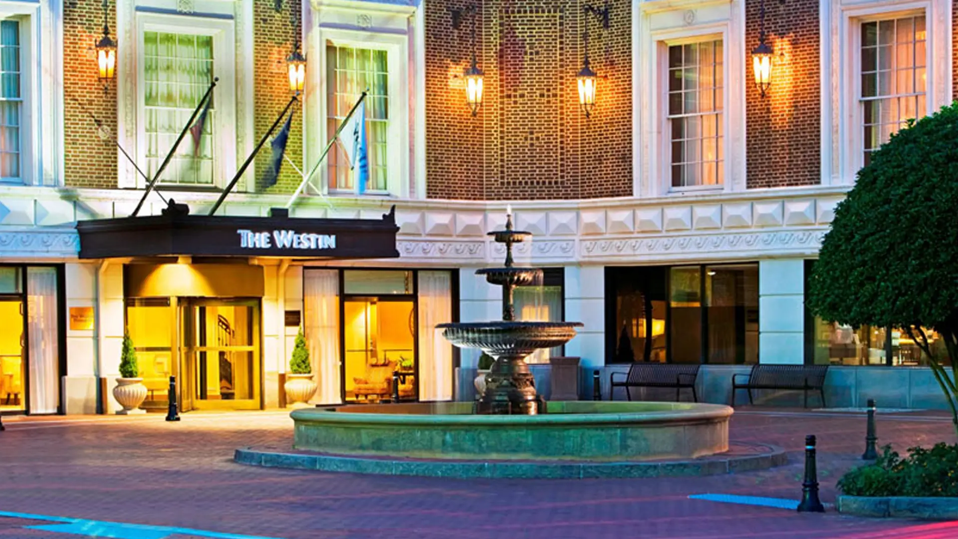 The Westin Poinsett entrance and fountain in Greenville