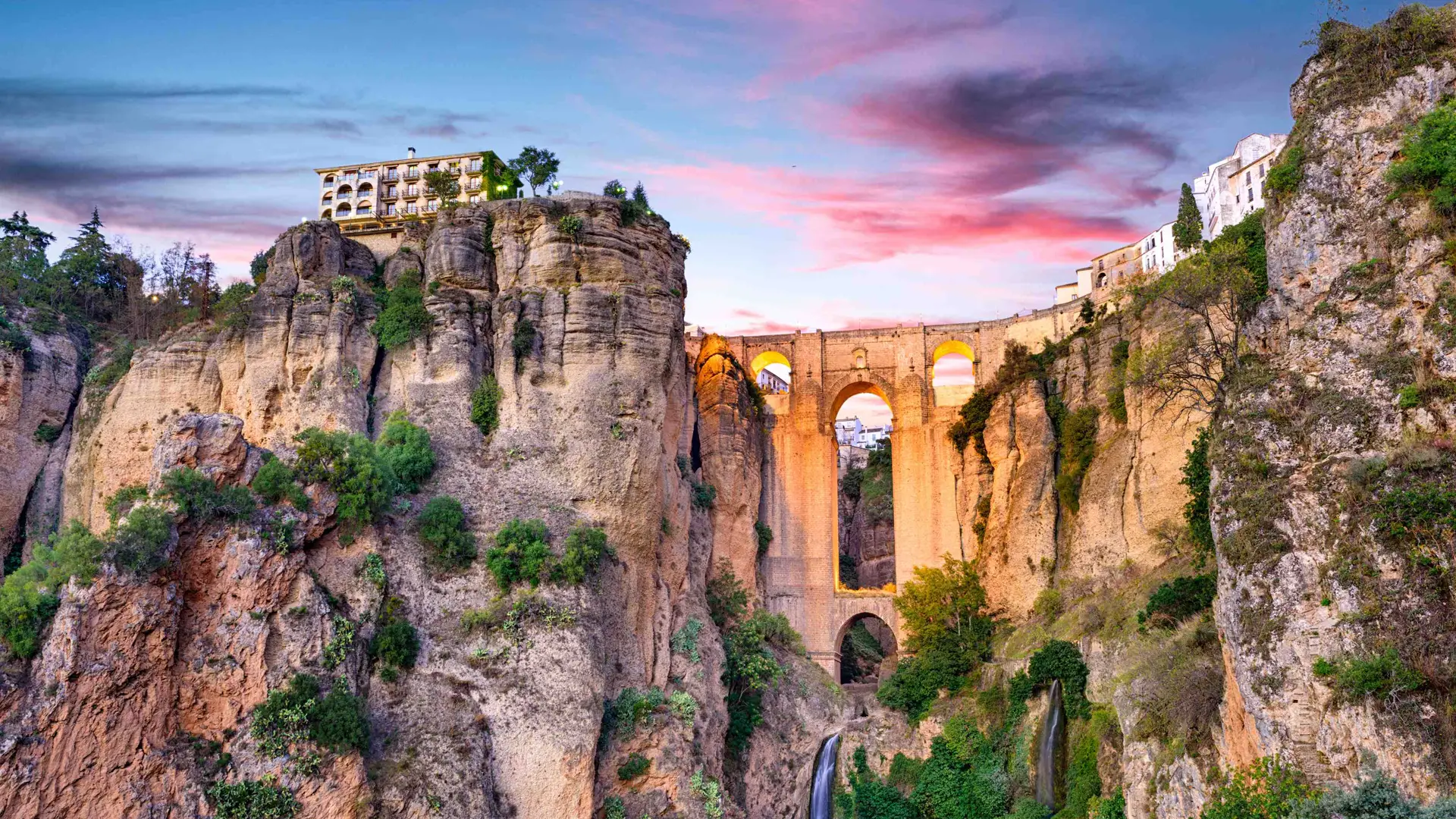 The Puente Nuevo bridge spanning the gorge at Ronda, Spain, at dusk